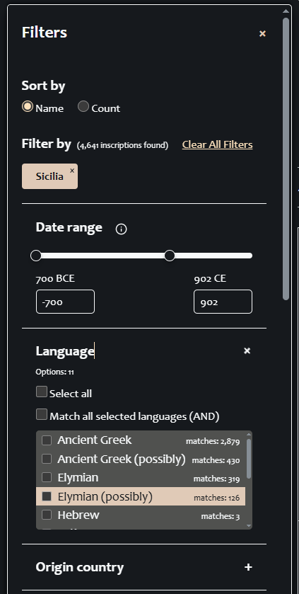 detail of the upper part of the filter menu