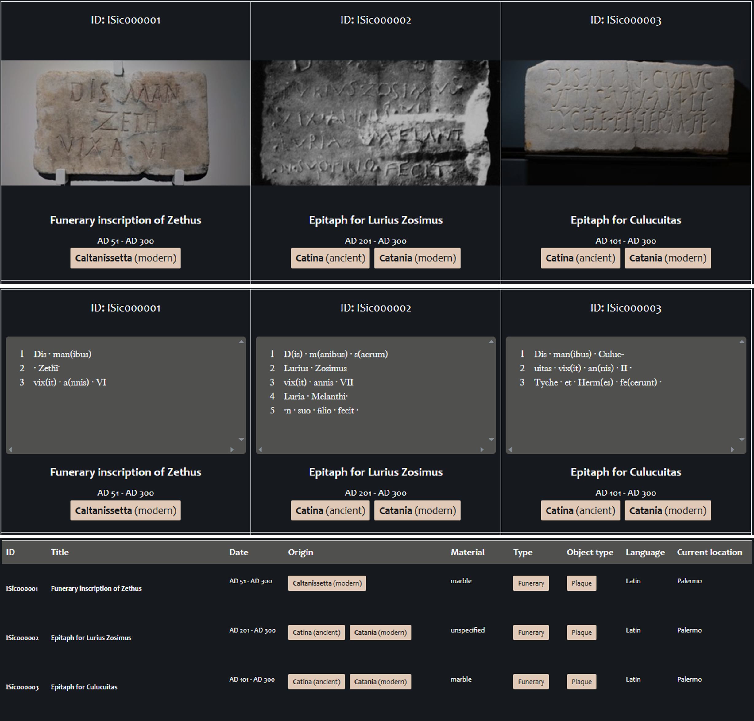 comparison of 'card' view, text view and table view results display